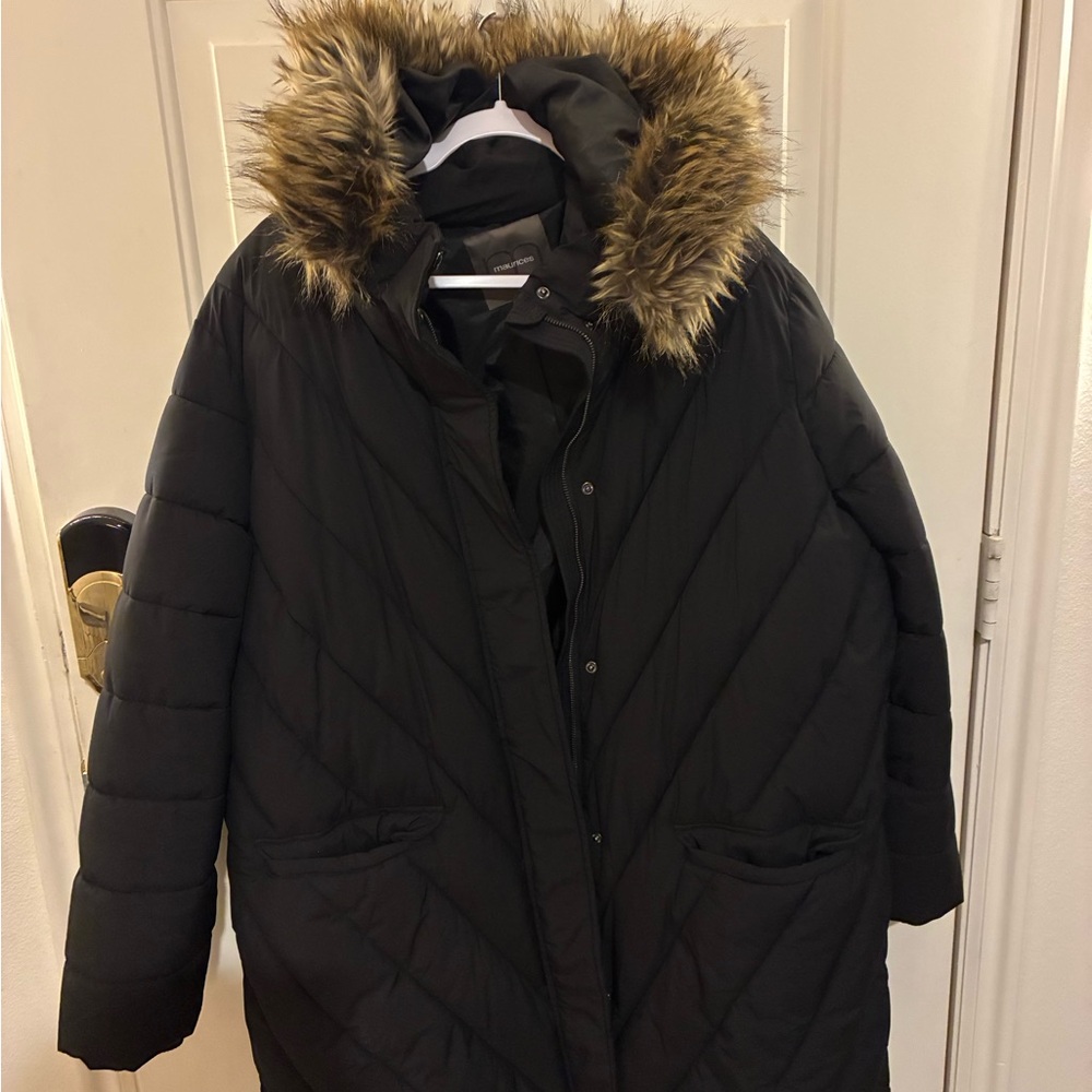 Maurices Black Puffer Coat with Faux Fur Trim